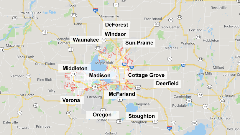 Kirch Appliance Repair Service Area Map for the Madison Area